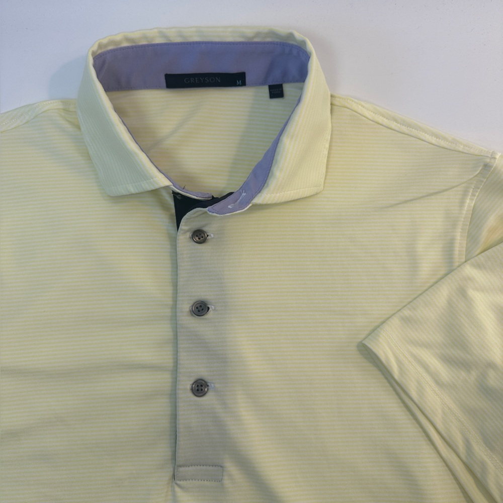 Greyson Saranac Performance Medium Men’s Golf Polo Yellow White‎ Thin Striped
